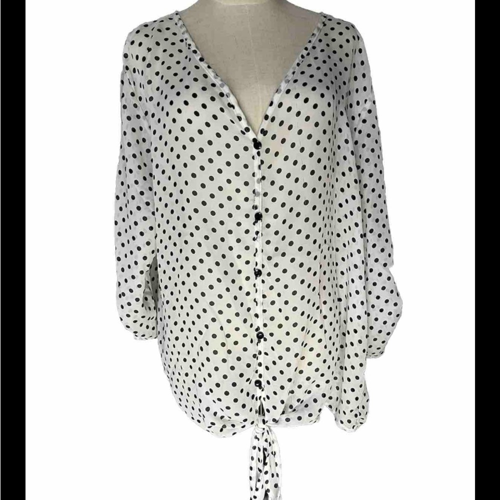Roman Fashion 3X Women’s White/bkack Pocket Dot, Front Tie Down Shirt, made